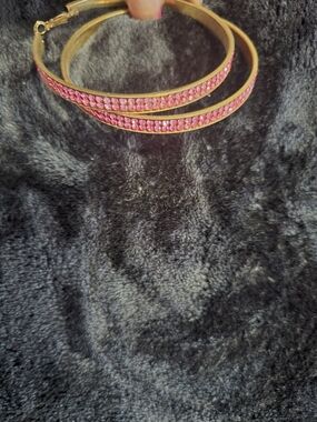 Gold Color Hoop Earrings with Pink Crystal Accents - Women Jewelry